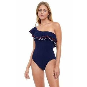 NWT GOTTEX 10 one-shoulder off-shoulder ruffled swimsuit red white blue sexy